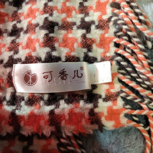 Vintage Kestrel Wool Woven Scarf Fringe Houndstooth Orange Brown Unisex - Picture 3 of 3
